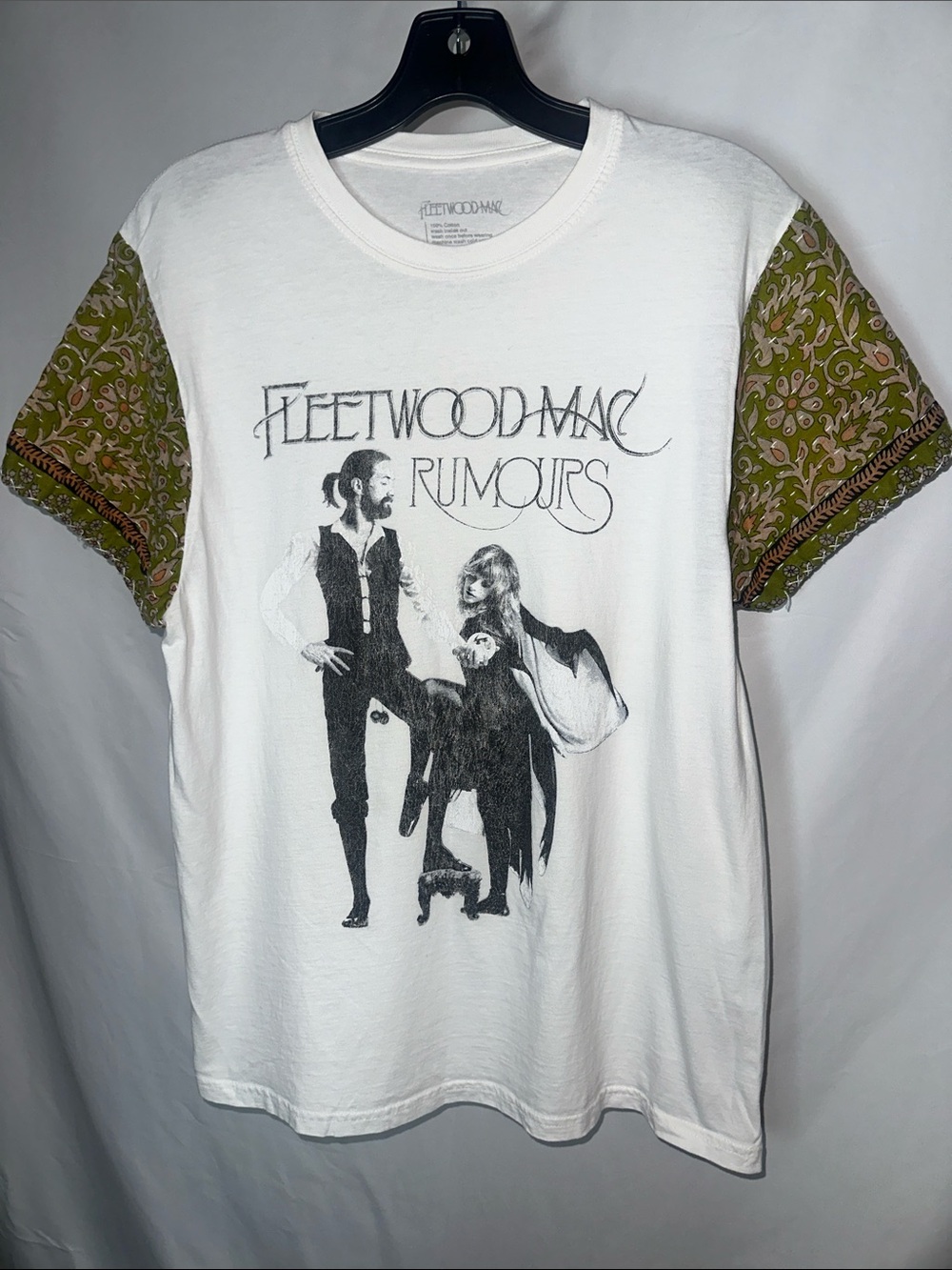 Fleetwood Mac 'Rumours' Graphic Tee with upcycled Olive Patterned Kantha Sleeves